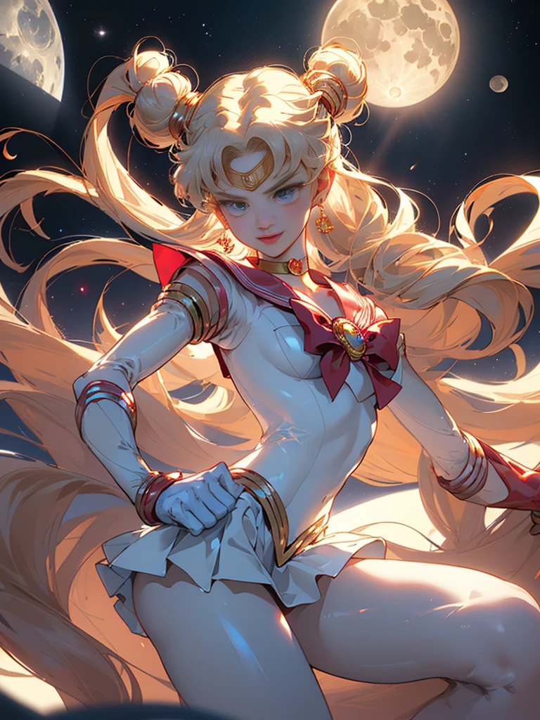 masterpiece、ful:1.3、stands、8k、。.3d、realisitic、Ultra Micro Photography、top-quality、Wallpapers with extreme details CG Unity 8k、frombelow、intricate detailes、(1 female)、28 year old、(Sailor Moon:1.6 Super Bishoujo Senshi Sailor Moon Mer1、meishaonv,tierra、Sailor Senshi Uniform Sailor:1.5、sailormoon:1.5,Eternal Sailor Moon)、(Incredibly long bright twin-tailed blonde:1.4、Thin and very long straight twin tail blonde, Hair buns、Red round hair ornament in a hair bun)、((Sailor Senshi Uniform:1.4、Metallic blue collar,Sailor color in metallic blue,Metallic Blue Pregate Ultra Mini Skirt:1.5、very large red bow on the chest,,Long white latex gloves,Red gloves on the elbows、Bare upper arms,Luxurious golden tiara on forehead、耳Nipple Ring,Luxurious Golden Jewelry Decoration、high leg swimsuit))、Very thin and fit high gloss white holographic leather、High Gloss White Silver Latex SEXY High Leg Cut Swimsuit That Shines Like Oil,Pants are visible,Sexy Model Pose:1.2、dynamicposes:1.2,huge white wings on the back(Details of face:1.5、Blue eyes、Beautiful expression、beautidful eyes、Outline of the iris, Eyes with highlights、thin lipss:1.5、thin and sharp pale eyebrows,、long eyeslashes、Double eyelashes、Thin, thin and muscular,,a small face、tall and large chest、perfectly proportions、big breasts thin waist、Visible Pore、seducting smile、perfect hand:1.5、octan render、highly dramatic picture、(Lunar divinity,cosmic background、rays of moonlight、a moon、Dynamic backgrounds、exquisite lighting and shadow、dynamic ungle、Detailed background),Strong natural light、sunlights、Digital SLR、sharp focus: 1.0、Maximum clarity and sharpness、mecha musume,(Rabbit, Double bun, Twin-tailed, Parted bangs, circlet, Jewelry, earrings, Choker, Red bow, White Gloves, elbow groves, Blue skirt)