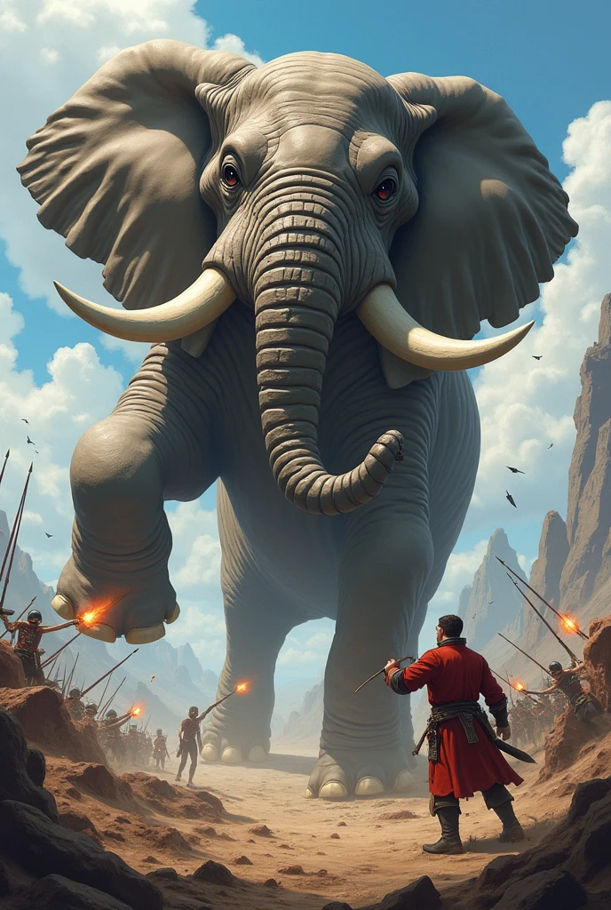 **Final Battle with Titan:**
   - A dynamic battle scene where Captain Whiskers, using his speed and agility, clings to the back of the giant elephant Titan, clawing at his ears. Titan is thrashing about in pain, his massive form dominating the scene. In the background, the troops are launching an attack on the giant, with arrows and spears flying through the air.
