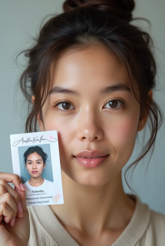 Selfie photo of a woman holding her personal identification document next to her face, Both the woman&#39;s face and the document&#39;s face are clearly visible.

