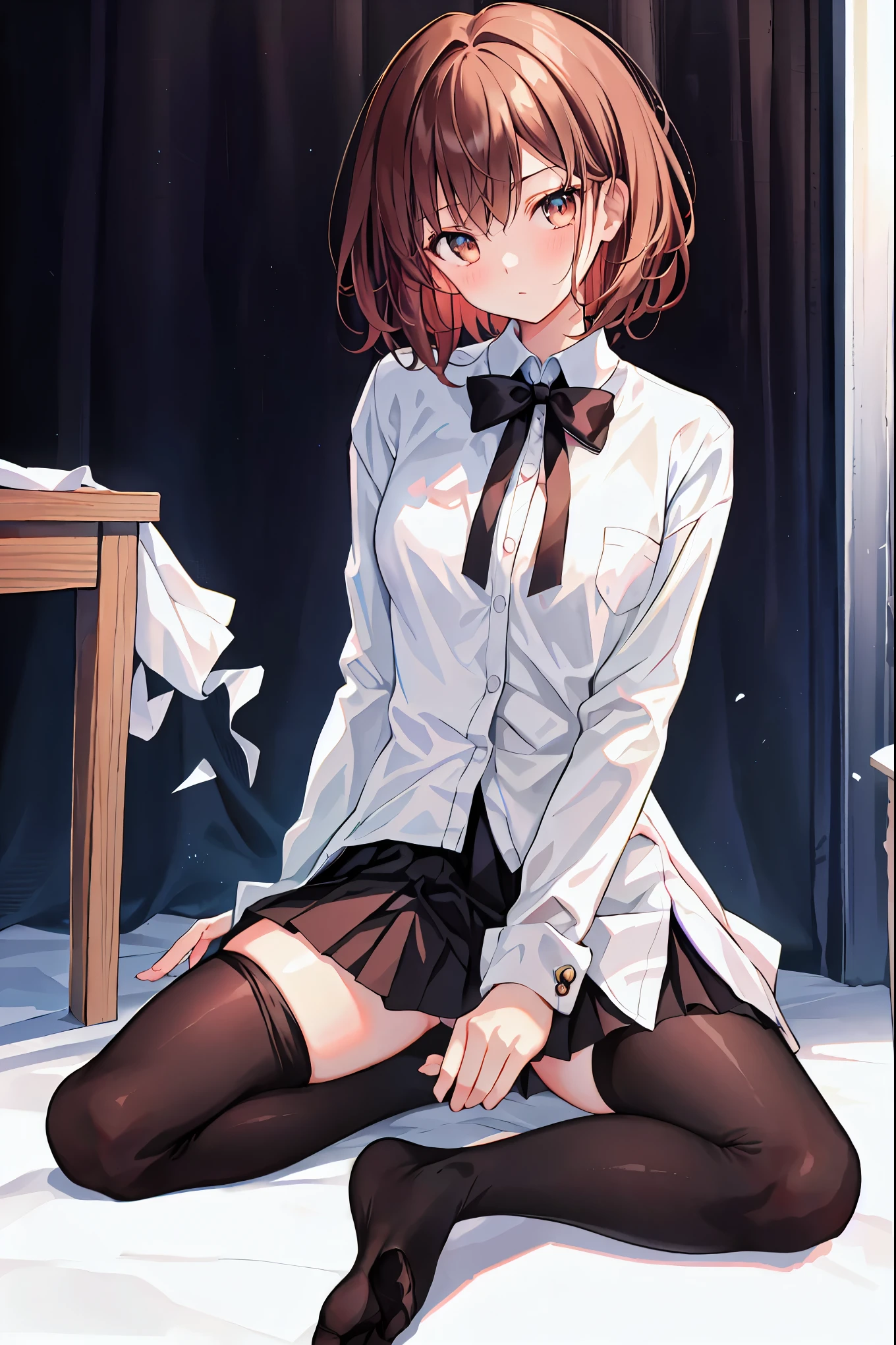 Top quality, masterpiece, High resolution, (Head to toe full body), front, frontやや下からの構図, Symmetric, Tall 18 year old, alone, (Head to toe), (Small breasts), Unkempt brown hair, bangs, (black tights), (Black Pantyhose), (Sit with your legs apart), (Crouching pose), (Composition showing white panties), (She has her legs spread and her white panties are visible.), (Sit on the floor with your legs spread), (M-shaped feet), Thin legs, A very beautiful and tall 18 year old girl, (No shoes), blush, Shy big eyes, looking at the camera, Blazer Uniform, Checkered Pleated Skirt,Brown Hair,Shortcuts,Messy Hair,Slender beauty,A dignified posture,Small chest,Beautiful feet,,