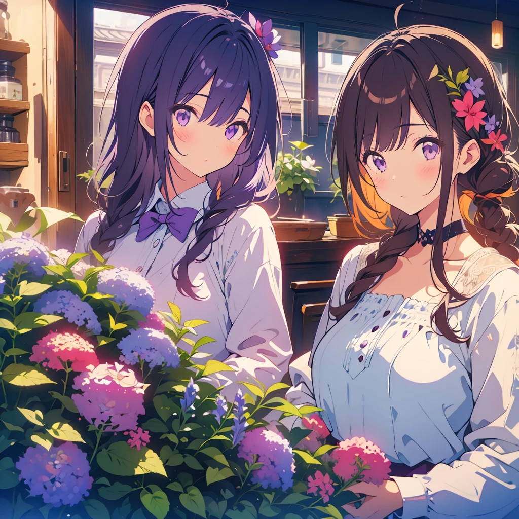 Purple salvia flowers、Two girls、A good friend