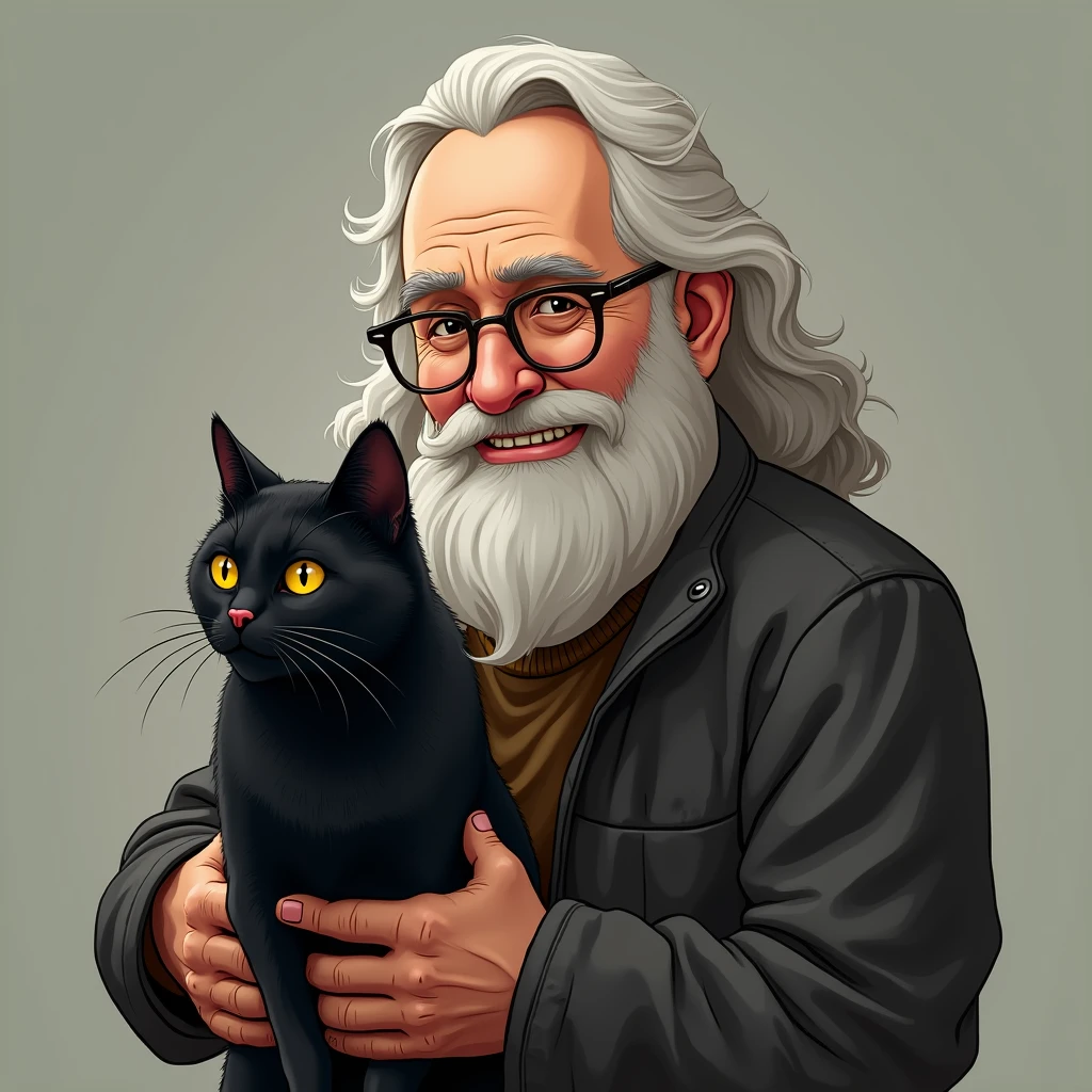 Long-haired old man with a beard、Wearing glasses and carrying a black cat。