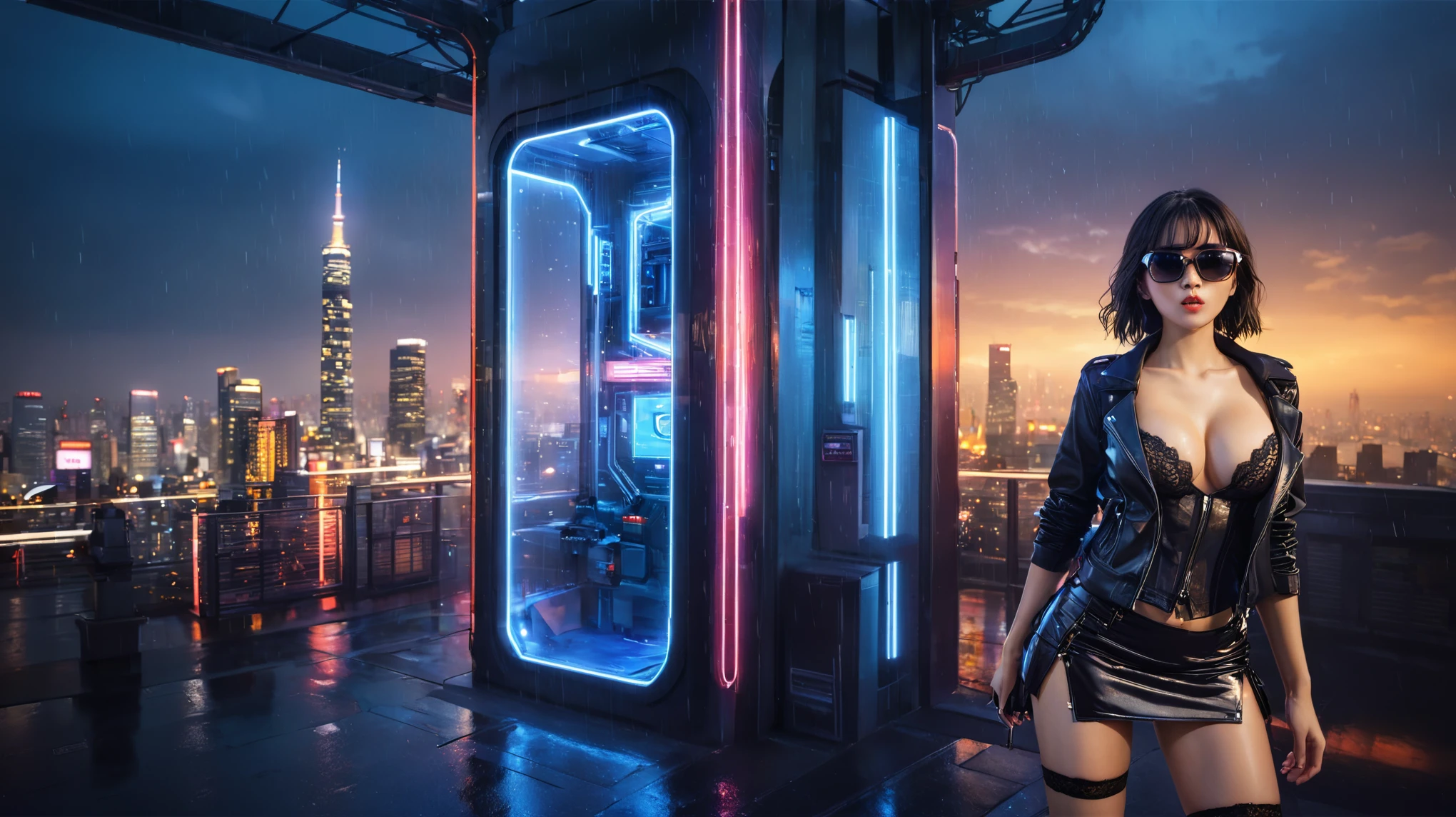 Blade Runner style futuristic Tokyo city, flying cars, neon lights, rainy night. (1girl, solo, alone), large-breast:1.2 slim body, slim face, cleavage:1.1, sexy laced lingerie, very low angle view miniskirt, jacket, (black micro sunglasses), (holding a short gun), running pose, half-body thigh level medium shot, cinematic lighting, ray tracing.