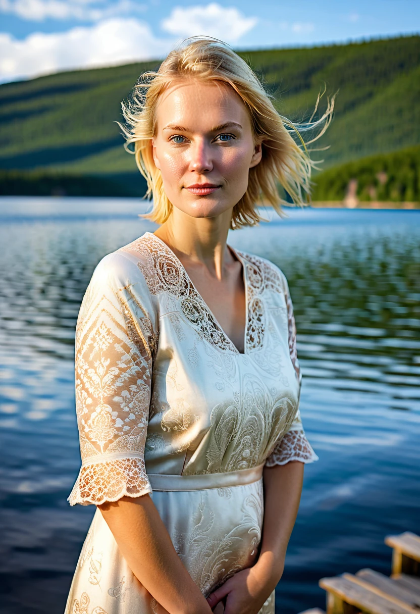 Portrait d'une finlandaise de 45 ans. Blonde, au bord d'un lac finlandais. peau bronzée. cheveux courts droit. regarder la caméra avec séduction. se penchant en avant. Portant robe légère.