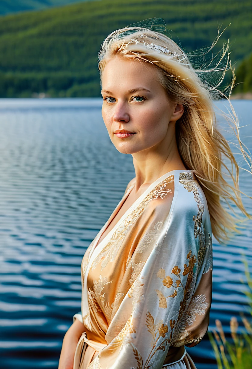 Portrait d'une finlandaise de 45 ans. Blonde, au bord d'un lac finlandais. peau bronzée. cheveux courts droit. regarder la caméra avec séduction. se penchant en avant. Portant robe légère.