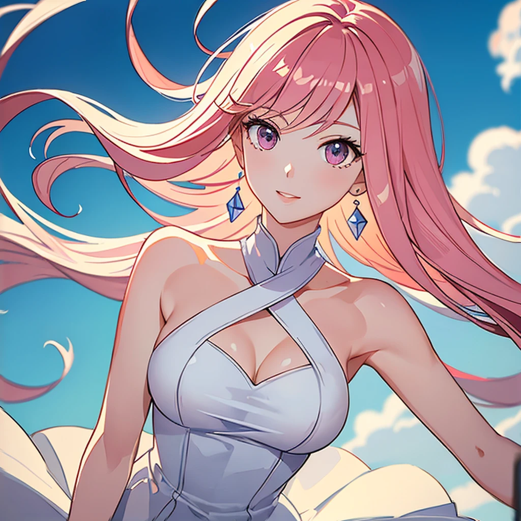 (masterpiece, high quality, best quality, 4k, 8k:1.4), 1girl, solo, pink hair, brown eyes, double-parted bangs, long hair, (mature female, mature:1.2), mole under eye, earrings, white flowy dress, close up, detailed face, beautiful detailed eyes, beautiful detailed lips, extremely detailed face, long eyelashes, intricate details, soft lighting, warm color palette