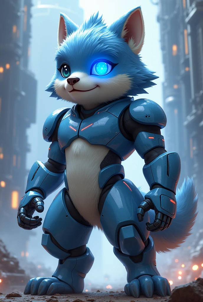 furry (protogen visor azul) smiling in an epic pose