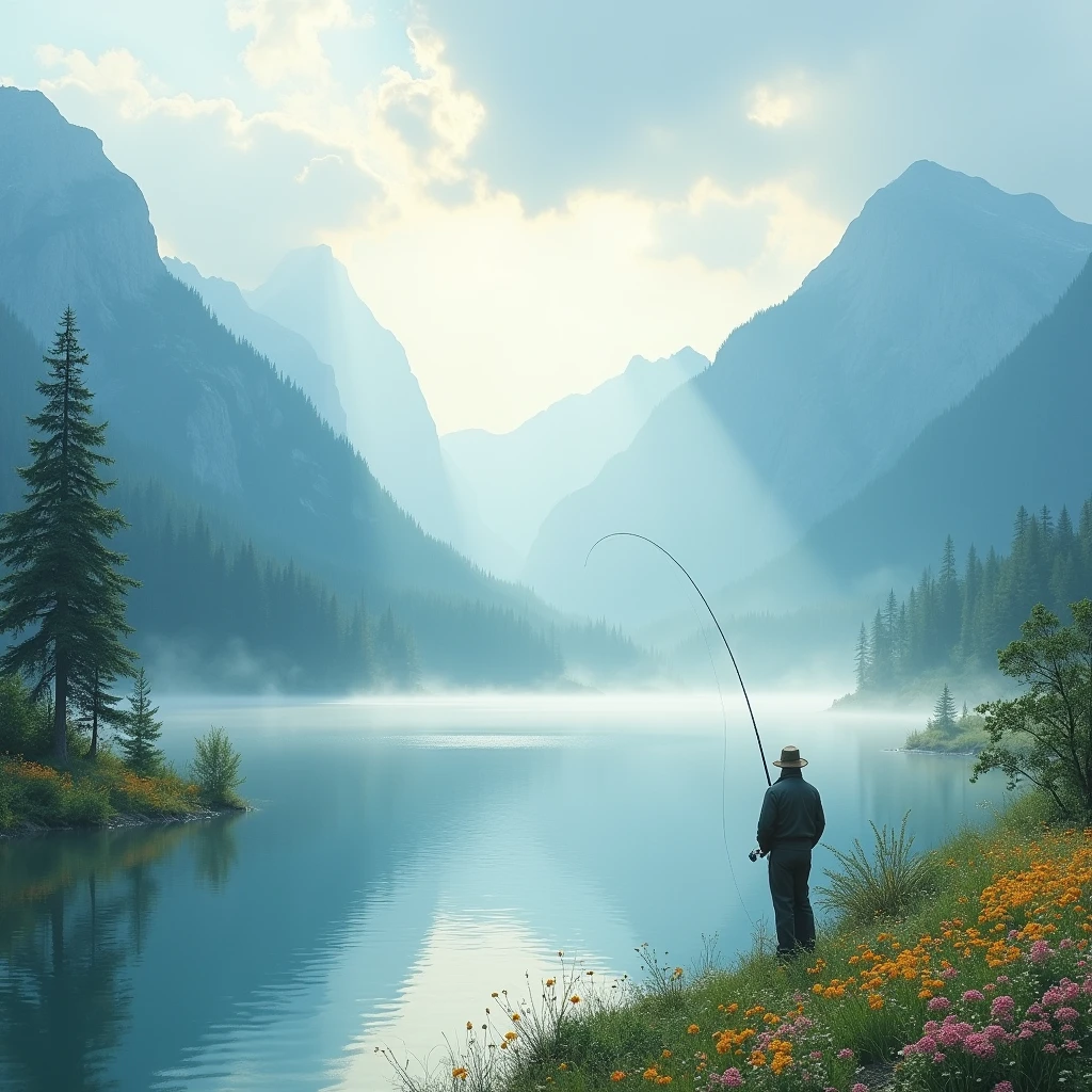 A peaceful lake,Calm waters,Mountains in the background,Misty atmosphere,Sunlight through the clouds,Colorful wildflowers around the lake,A lone fisherman waits patiently,Natural Lighting,Tranquil scenery,Fishing scene,Delicate brushstrokes,Natural Tones,Superb composition,Elegant simplicity,meditative mood,(masterpiece), best quality,