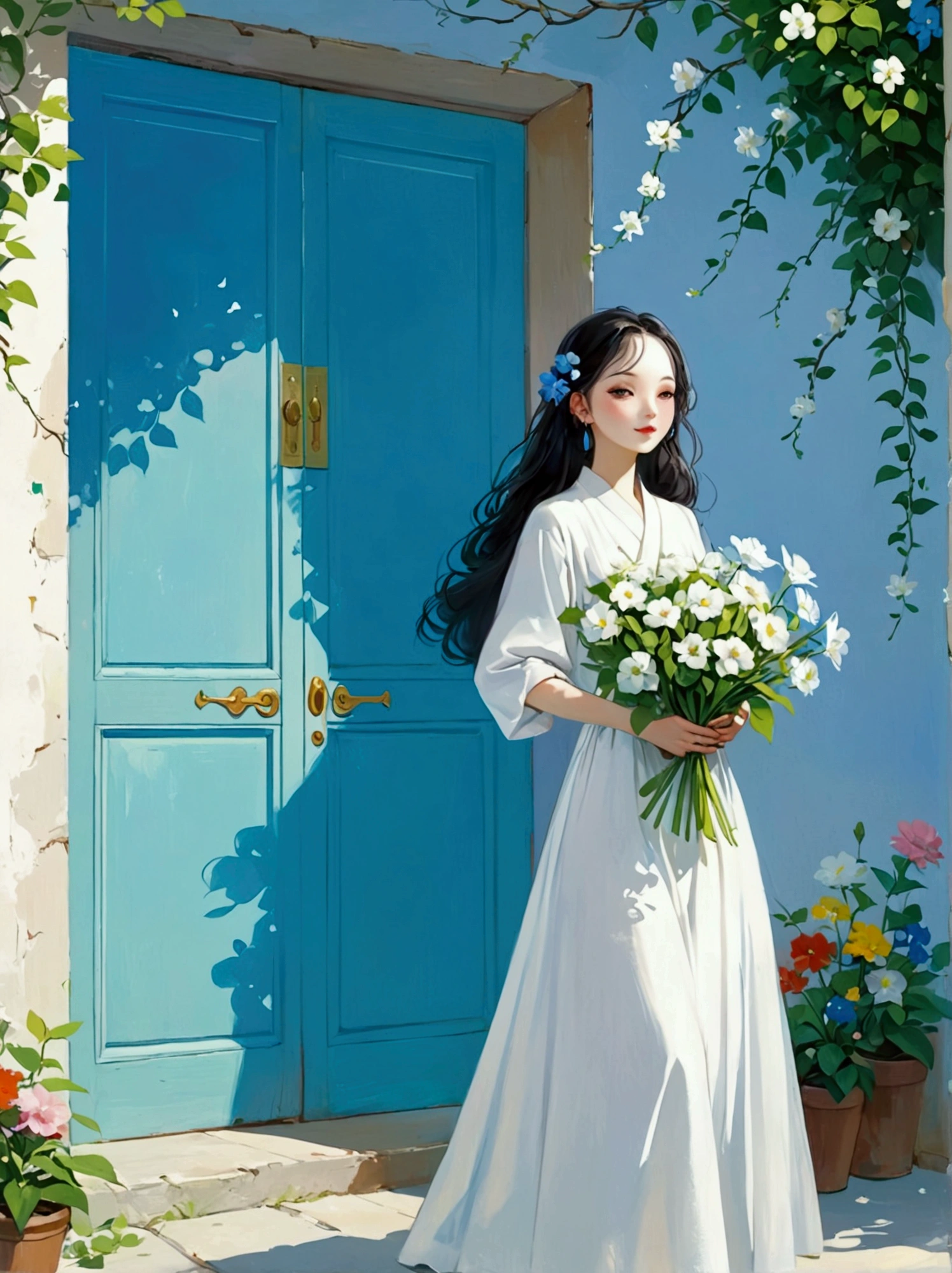 A lady holding flowers，Standing in front of a blue door, author：Artie Guerin, With Artest Guerin (Artie Guerin) style, Artie Green 8K, inspired author：Artie Guerin, by Zou Zhe, by Yanjun Cheng, Gurvitz Masterpiece, 古魏兹style的艺术品, author：Li Song