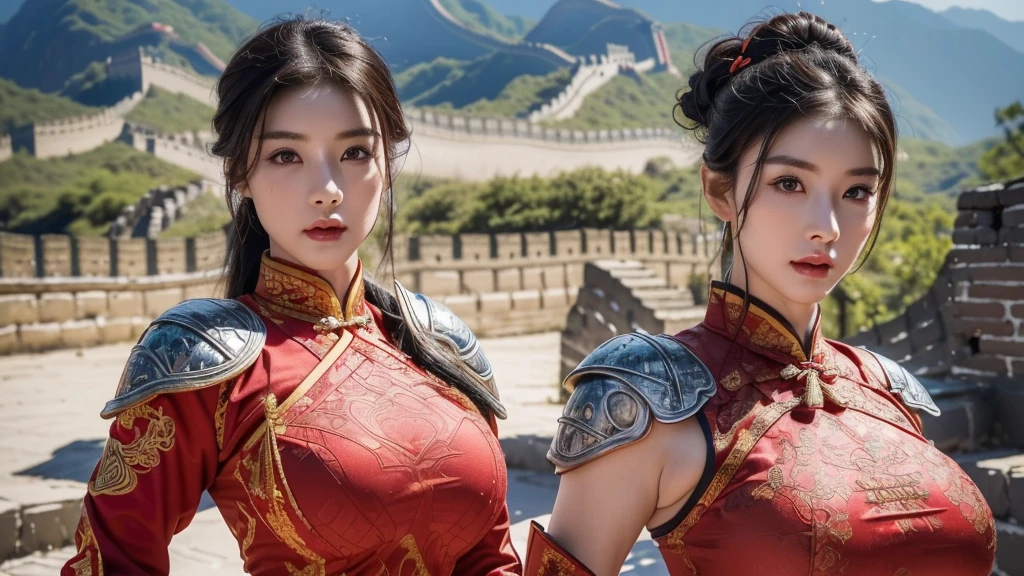 (1 female)), ((16K)), Mature Woman, ((((Female warrior with nunchucks))))、(((Attractive Asian Model:1.0))),((Beautiful Asian Model))、(((China dress)))、(((Chinese National Costume)))、(((Toned body))),(((Big Breasts))),(((Big Breasts))), ((8k, Highest quality:1.2))、((masterpiece)), High resolution, (Skin Texture:1.1), Highest quality, 超High resolution, (Realistic: 1.4), RAW Photos,((Perfect Face))、Age 35, Toned body, Black Hair,A well-trained body、 (Red and white outfit)、((The background is the Great Wall.)),(((The background is the Great Wall.))), ((Female Warrior with a Sword)), masterpiece, ((Ultra HD)), Insane Details, Realistic, Detailed face, 詳細なSkin Texture, Blurred Background, (( Wearing a breastplate)), (((Big Breasts))), (Ancient fantasy soldiers),(Ancient soldier armor),Combat Accessories,vision, Perfect Face, Delicate eyes, Voluminous lips, Slit eyes、Big eyes, ((Image of China))、(((Armor with intricate patterns))、Looking into the camera、Looking into the camera、Metal shoulder pads、She is standing