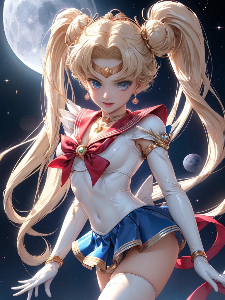 ​masterpiece、ful:1.3、stands、8k、。.3d、realisitic、Ultra Micro Photography、top-quality、Wallpapers with extreme details CG Unity 8k、frombelow、intricate detailes、(1 female)、28 year old、(Sailor Moon:1.6 Super Bishoujo Senshi Sailor Moon Mer1、meishaonv,tierra、Sailor Senshi Uniform Sailor:1.5、sailormoon:1.5,Eternal Sailor Moon)、(Incredibly long bright twin-tailed blonde:1.4、Thin and very long straight twin tail blonde, Hair buns、Red round hair ornament in a hair bun)、((Sailor Senshi Uniform:1.4、Metallic blue collar,Sailor color in metallic blue,Metallic Blue Pregate Ultra Mini Skirt:1.5、very large red bow on the chest,,Long white latex gloves,Red gloves on the elbows、Bare upper arms,Luxurious golden tiara on forehead、耳Nipple Ring,Luxurious Golden Jewelry Decoration、high leg swimsuit))、Very thin and fit high gloss white holographic leather、High Gloss White Silver Latex SEXY High Leg Cut Swimsuit That Shines Like Oil,Pants are visible,Sexy Model Pose:1.2、dynamicposes:1.2,huge white wings on the back(Details of face:1.5、Blue eyes、Beautiful expression、beautidful eyes、Outline of the iris, Eyes with highlights、thin lipss:1.5、thin and sharp pale eyebrows,、long eyeslashes、Double eyelashes、Thin, thin and muscular,,a small face、tall and large chest、perfectly proportions、big breasts thin waist、Visible Pore、seducting smile、perfect hand:1.5、octan render、highly dramatic picture、(Lunar divinity,cosmic background、rays of moonlight、a moon、Dynamic backgrounds、exquisite lighting and shadow、dynamic ungle、Detailed background),Strong natural light、sunlights、Digital SLR、sharp focus: 1.0、Maximum clarity and sharpness、mecha musume,(Rabbit, Double bun, Twin-tailed, Parted bangs, circlet, Jewelry, earrings, Choker, Red bow, White Gloves, elbow groves, Blue skirt)