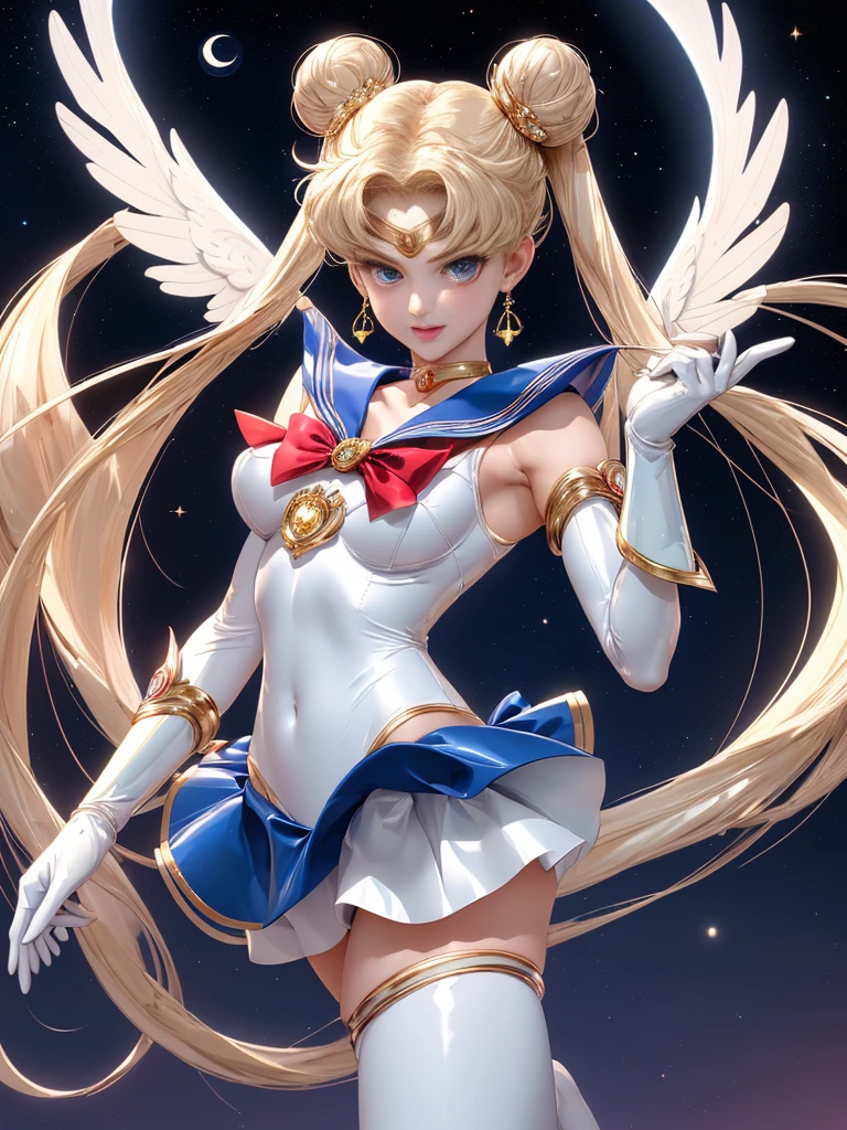 masterpiece、ful:1.3、stands、8k、。.3d、realisitic、Ultra Micro Photography、top-quality、Wallpapers with extreme details CG Unity 8k、frombelow、intricate detailes、(1 female)、28 year old、(Sailor Moon:1.6 Super Bishoujo Senshi Sailor Moon Mer1、meishaonv,tierra、Sailor Senshi Uniform Sailor:1.5、sailormoon:1.5,Eternal Sailor Moon)、(Incredibly long bright twin-tailed blonde:1.4、Thin and very long straight twin tail blonde, Hair buns、Red round hair ornament in a hair bun)、((Sailor Senshi Uniform:1.4、Metallic blue collar,Sailor color in metallic blue,Metallic Blue Pregate Ultra Mini Skirt:1.5、very large red bow on the chest,,Long white latex gloves,Red gloves on the elbows、Bare upper arms,Luxurious golden tiara on forehead、耳Nipple Ring,Luxurious Golden Jewelry Decoration、high leg swimsuit))、Very thin and fit high gloss white holographic leather、High Gloss White Silver Latex SEXY High Leg Cut Swimsuit That Shines Like Oil,Pants are visible,Sexy Model Pose:1.2、dynamicposes:1.2,huge white wings on the back(Details of face:1.5、Blue eyes、Beautiful expression、beautidful eyes、Outline of the iris, Eyes with highlights、thin lipss:1.5、thin and sharp pale eyebrows,、long eyeslashes、Double eyelashes、Thin, thin and muscular,,a small face、tall and large chest、perfectly proportions、big breasts thin waist、Visible Pore、seducting smile、perfect hand:1.5、octan render、highly dramatic picture、(Lunar divinity,cosmic background、rays of moonlight、a moon、Dynamic backgrounds、exquisite lighting and shadow、dynamic ungle、Detailed background),Strong natural light、sunlights、Digital SLR、sharp focus: 1.0、Maximum clarity and sharpness、mecha musume,(Rabbit, Double bun, Twin-tailed, Parted bangs, circlet, Jewelry, earrings, Choker, Red bow, White Gloves, elbow groves, Blue skirt)