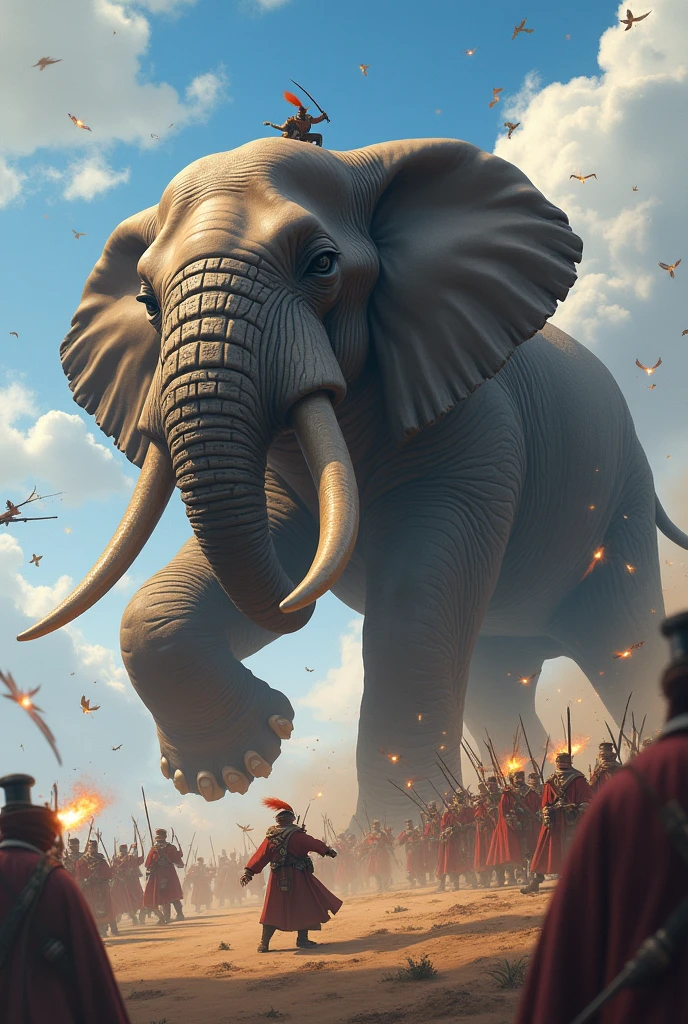 **Final Battle with Titan:**
- A dynamic battle scene where Captain Whiskers, using his speed and agility, clings to the back of the giant elephant Titan, clawing at his ears. Titan is thrashing about in pain, his massive form dominating the scene. In the background, the troops are launching an attack on the giant, with arrows and spears flying through the air.