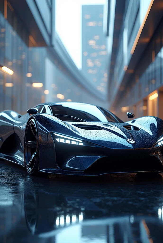 Cool crazy supercar with unique headlights hd gorgeous looks buildings behind high-tech side view