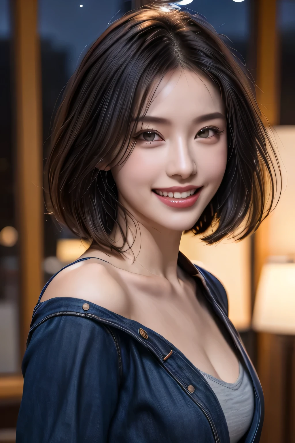 (highest quality, 8k, 32K, masterpiece), (Realistic), (Realistic:1.2), (High resolution), (night:1.7), Japan, cyber punk, 街の景Farbe, In front of the window,Wooden floor, Blue jacket, Grey Shirt, clavicle, jewelry, gem, Brunette Bob, 1 female, 4, (Grin), Beautiful body, beautifulNose, beautifulcharacter design, Perfect Eyes, perfectface, Expressive eyes, View your viewers, Center the image, (Cowboy Shot), Official Art, Very detailed CG Unity 8k wallpaper, Perfect lighting,Farbeful, bright_front_face_Lighting,Glowing Skin, (masterpiece:1.0),(Highest_quality:1.0), 超High resolution,4K,Very detailed, photograph, 8k, High resolution, High resolution, absurdes:1.2, Kodak Port 400, Film Grain, Blurred Background, bokeh:1.2, Lens flare, (Vibrant_Farbe:1.2) (beautiful,chest), (beautiful_face:1.5),(narrow_Waist)