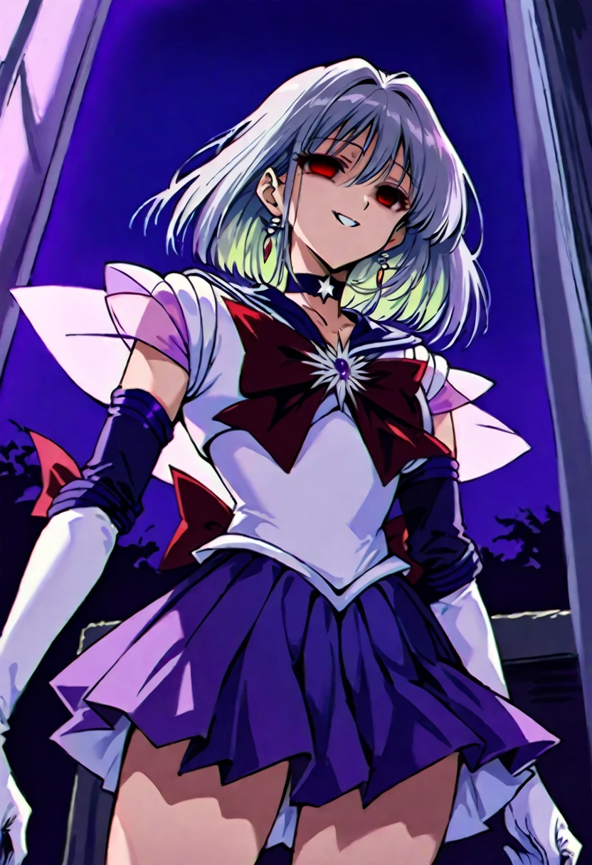 (masterpiece, Highest quality, so beautiful, Very detailed), Intricate details, 12k, Honestly,In awe of the Sailor Saturn XL,sailor senshi uniform,jewelry,skirt,choker,star choker,sailor collar,bow,brooch,star brooch,purple sailor collar,purple skirt,gloves,tiara,short hair,white gloves,earrings,elbow gloves,black hair,purple eyes,pleated skirt,, Are standing, Cowboy Shot,,(Wicked Smile:1.2), One person,(Silver Hair:1.4),(empty eyes,:1.4),From below,Watching the dawn,Dark aura,View your audience,(red eyes:1.2),