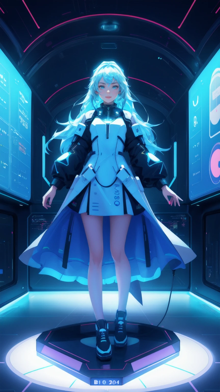 Depict a joyful girl in a sleek, futuristic dress on the 'Early Adopter's Cruiser,' surrounded by holographic displays of Bitcoin symbols. The background must be blue, with the ship navigating through a sea of digital data and currency, representing the bold voyage into the future.