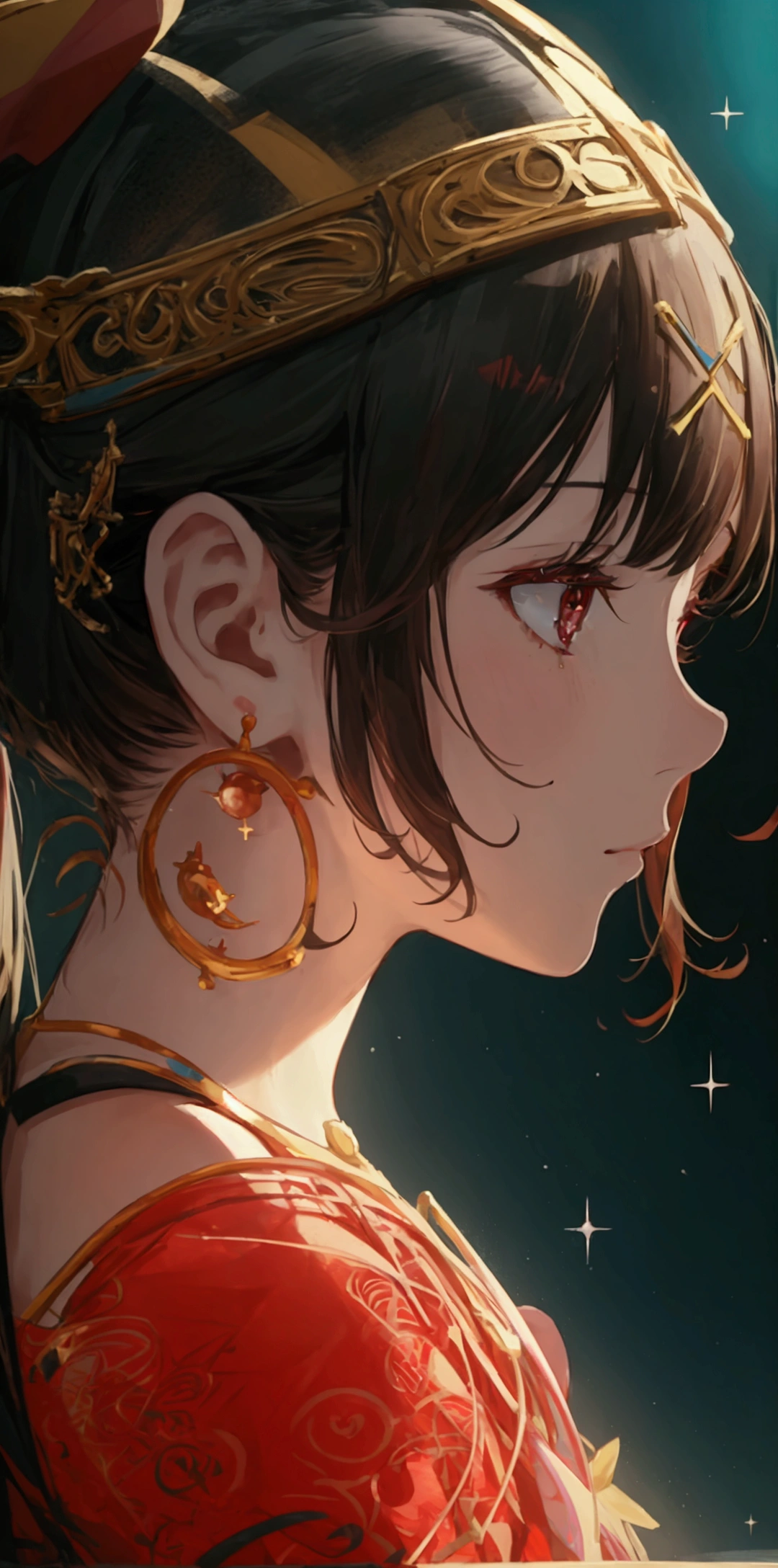 unbeatablemasterpiece,hs1,1girl,blackhole,space voyage,red off shoulder,x hair ornament
