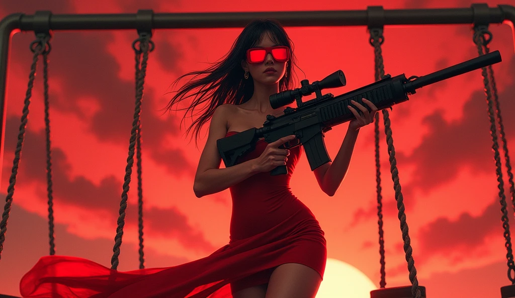 Woman in red dress wearing red googles and holding sniper rifle standing in front of the swings. The sky is chaotic red