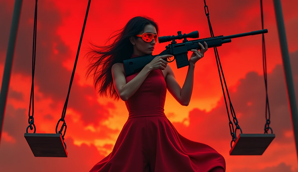 Woman in red dress wearing red googles and holding sniper rifle standing in front of the swings. The sky is chaotic red