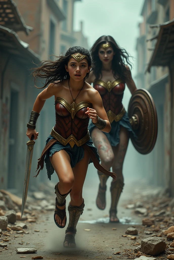 Young teenager dressed as a Greek Amazon warrior is chased by the  of zombie Wonderwoman
