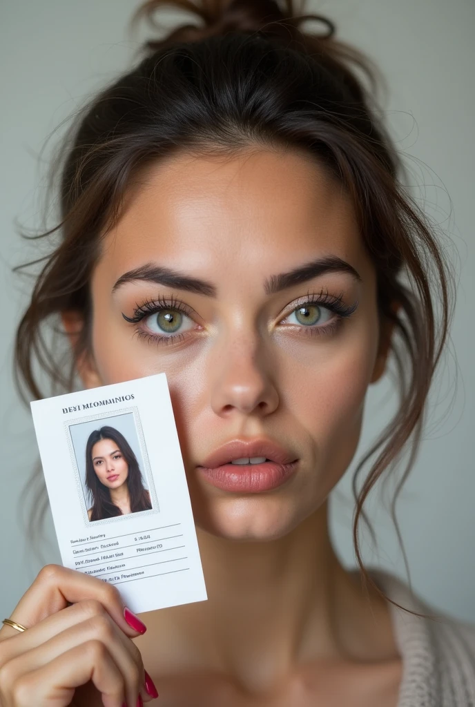 Selfie photo of a woman holding her personal identification document next to her face, Both the woman&#39;s face and the document&#39;s face are clearly visible.

