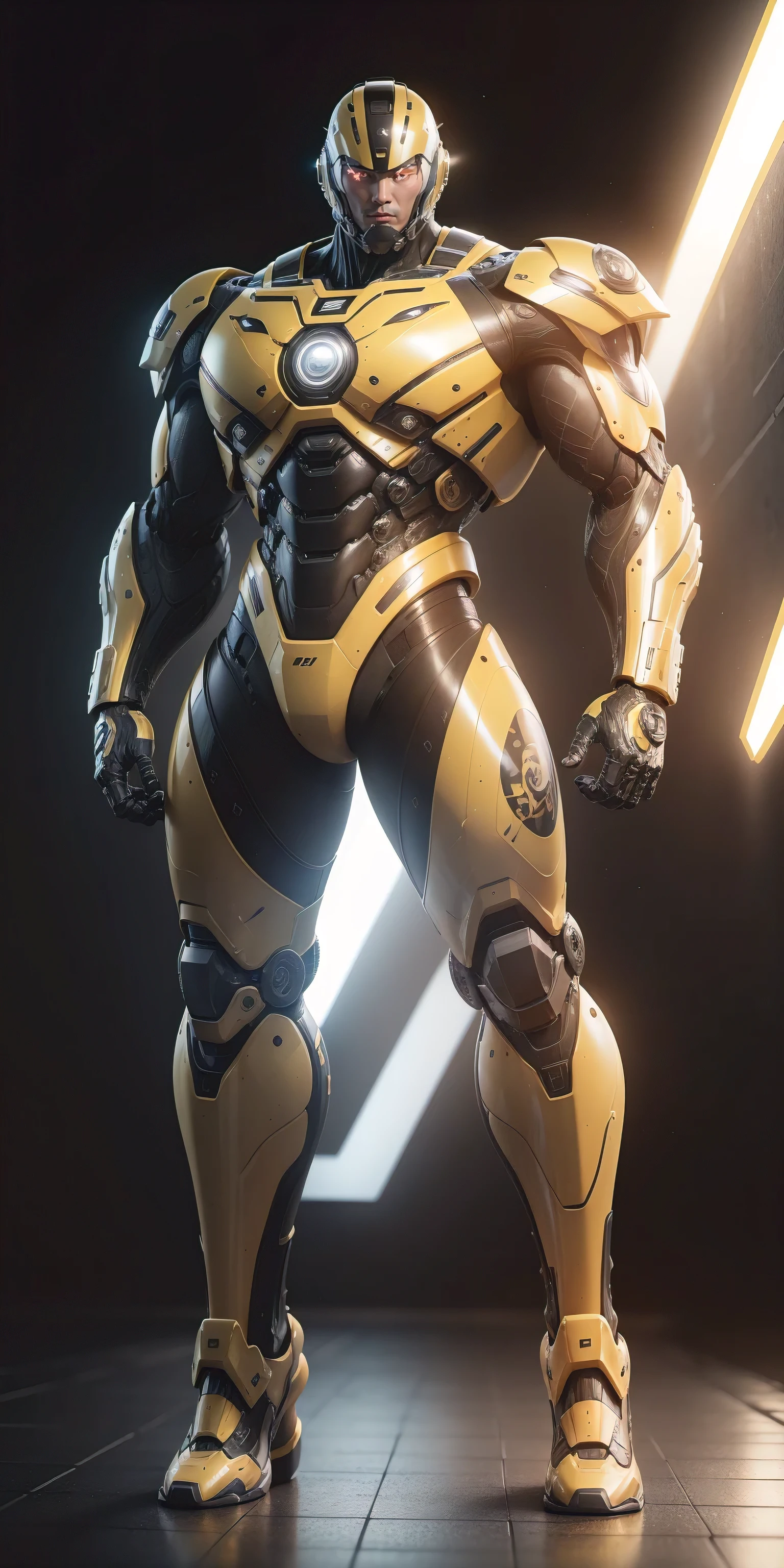 Tall giant muscular Robocop,Tech helmet visor,Very long legs,Yellow and black camouflage patterned nano mecha,Honeycomb pattern,Lightweight texture,Robocop,Small grid texture,Regular symmetrical texture pattern,Standing in a bright mechanical laboratory,hero,Heroic male pose,Tall burly,muscular!Attractive leg muscles,High target, Burly, Heqiang, Super Buff and Coolness, High Resolution Committee, Bigfoot yellow-gray ultra-thin nano-mechanical boots,Charismatic strongman,The bright sunshine shines on you,Matte particles,Shiny texture