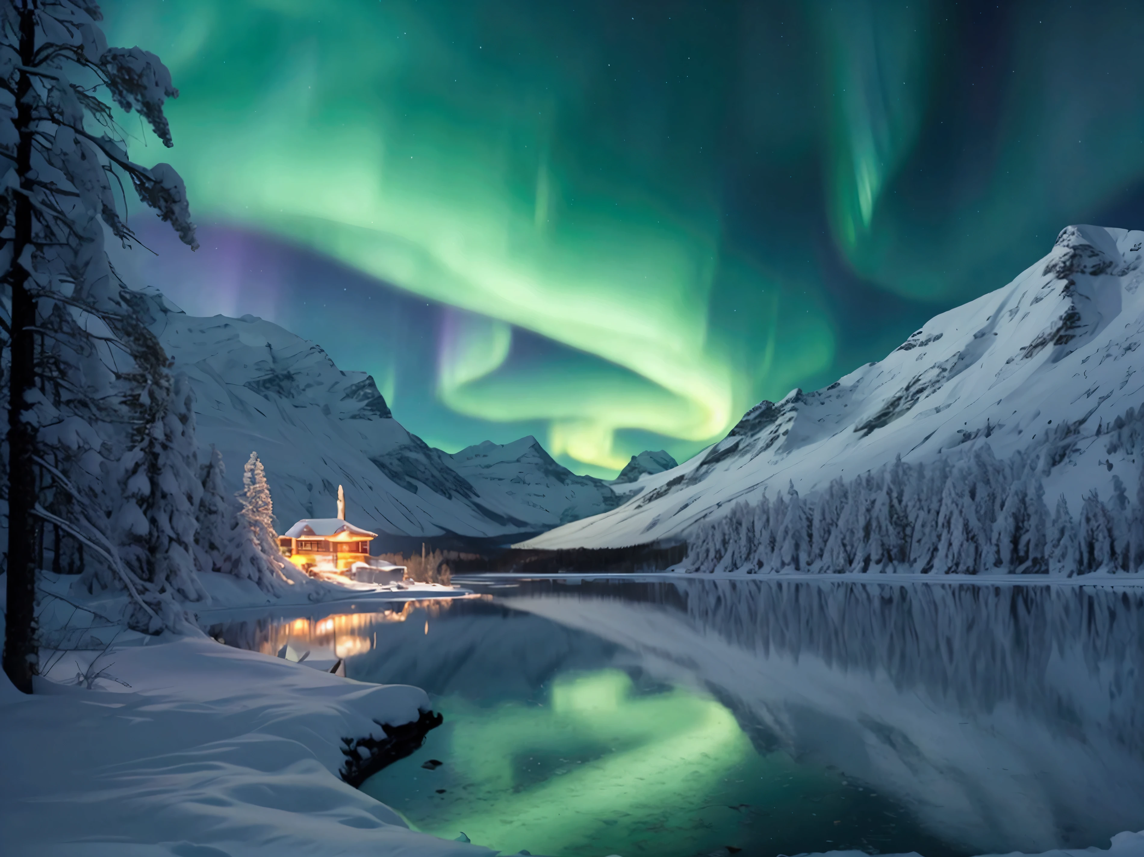Aurora Borealis Sky、Snowy Mountain、lake、Photogenic beauty、Real