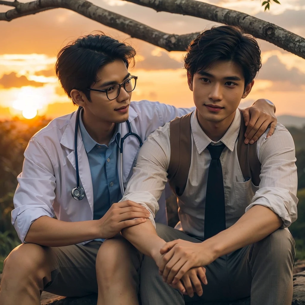a stunning of a young Indonesian male doctor with neat hair put his arm around the shoulders of a sad young man Indonesian 35yo teacher uniform,tie(very short slighty wavy hair, slighty stocky and taller than doctor).he looks with a sympathetic smile.both seen from behind.they are sitting on a cliff under a tree branch.The background depicts an orange sky with the sun setting near the horizon; Cinematic, photography,UHD