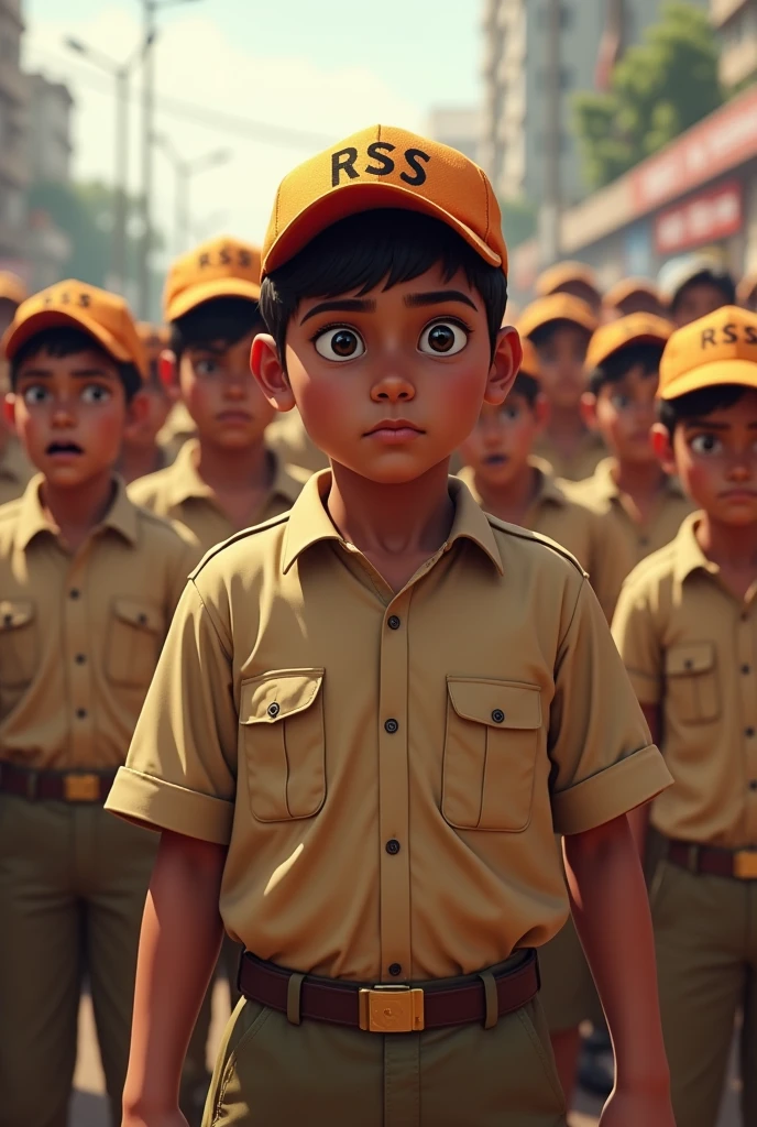 Indian school boys students protesting by wearing khaki colored half pant and rss cap
