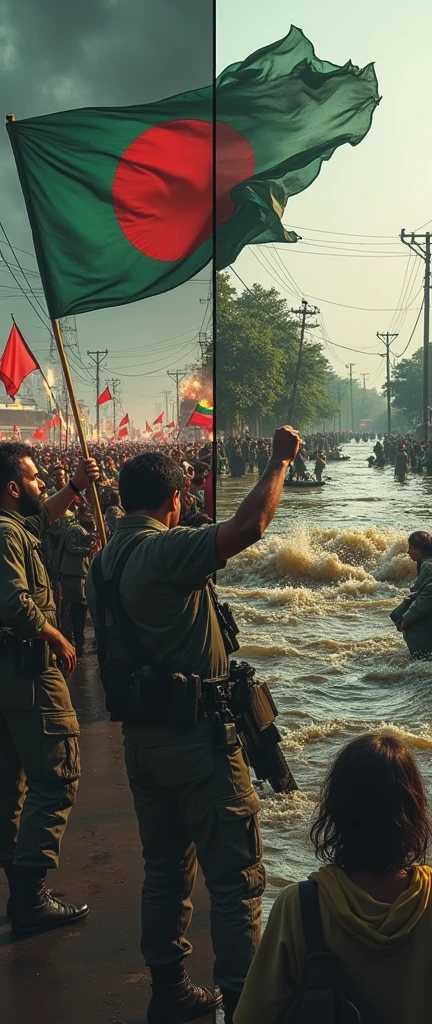 Create an image divided into two powerful scenes, unified by the presence of the **Bangladeshi flag** symbolizing resilience:
- **Left Side:** A vivid and intense portrayal of the **Bloody July** protests in Bangladesh against a dictator government. The scene should depict determined Bangladeshi protesters clashing with heavily armed forces. Banners and flags, including the Bangladeshi flag, are raised high, with streets filled with tear gas and the red of blood symbolizing the cost of fighting for freedom. The atmosphere is tense, with dark clouds overhead, representing oppression and the struggle for justice.
- **Right Side:** A contrasting yet equally dramatic depiction of **Floody August** in Bangladesh, showing the devastating effects of floods caused by India's dam opening without notice. Submerged homes, people wading through waist-deep water, desperate families seeking refuge on rooftops, and the Bangladeshi flag standing tall amidst the chaos. The background features raging waters overwhelming everything in its path, conveying the feeling of betrayal and despair. The water is tinged with darkness to reflect the anger and sorrow of the people.
The overall mood should be somber yet resilient, with a seamless transition between the two scenes, highlighting the ongoing struggle and suffering of Bangladesh. The Bangladeshi flag should be a prominent, unifying symbol across both sides of the image, representing hope and resistance.