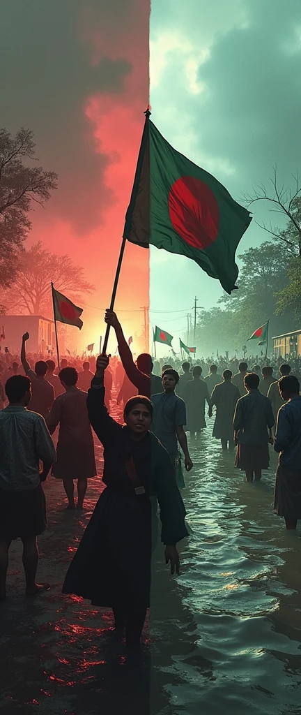 Create an image divided into two powerful scenes, unified by the presence of the **Bangladeshi flag** symbolizing resilience:
- **Left Side:** A vivid and intense portrayal of the **Bloody July** protests in Bangladesh against a dictator government. The scene should depict determined Bangladeshi protesters clashing with heavily armed forces. Banners and flags, including the Bangladeshi flag, are raised high, with streets filled with tear gas and the red of blood symbolizing the cost of fighting for freedom. The atmosphere is tense, with dark clouds overhead, representing oppression and the struggle for justice.
- **Right Side:** A contrasting yet equally dramatic depiction of **Floody August** in Bangladesh, showing the devastating effects of floods caused by India's dam opening without notice. Submerged homes, people wading through waist-deep water, desperate families seeking refuge on rooftops, and the Bangladeshi flag standing tall amidst the chaos. The background features raging waters overwhelming everything in its path, conveying the feeling of betrayal and despair. The water is tinged with darkness to reflect the anger and sorrow of the people.
The overall mood should be somber yet resilient, with a seamless transition between the two scenes, highlighting the ongoing struggle and suffering of Bangladesh. The Bangladeshi flag should be a prominent, unifying symbol across both sides of the image, representing hope and resistance.