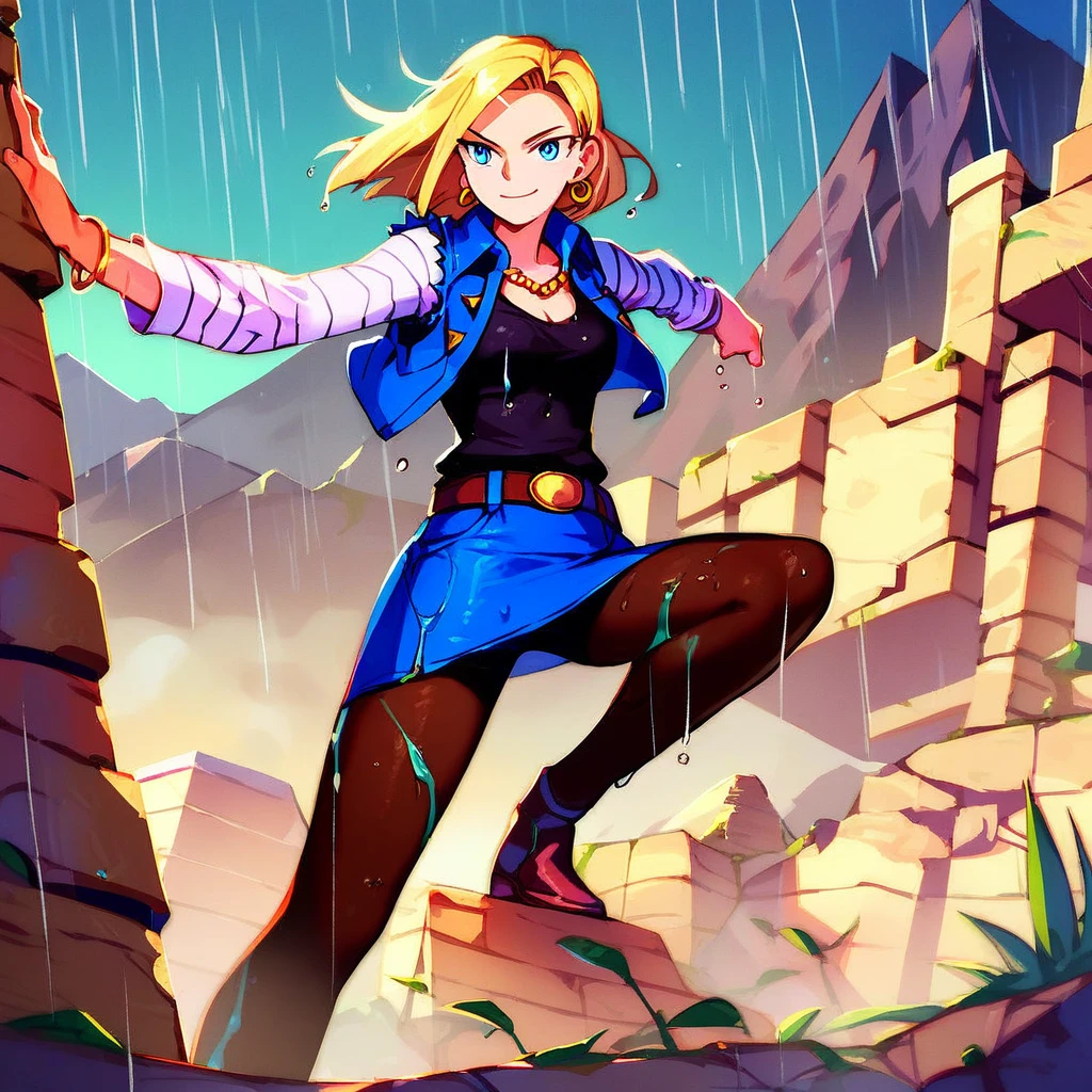 best quality, highres, and18, 1girl, android 18, solo, blonde hair, blue eyes, belt, demin skirt, gold_necklace, bracelet, closed fists, black shirt, short hair, long sleeves, earrings, blue skirt, open vest, denim vest, medium breasts, cowboy shot, mountains, straight-on, (weather: raining), wet clothes, sexy smile, combat stance, full length pantyhose, battle ruins,