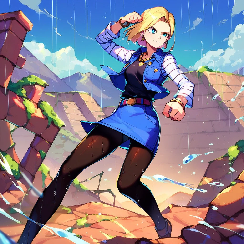 best quality, highres, and18, 1girl, android 18, solo, blonde hair, blue eyes, belt, demin skirt, gold_necklace, bracelet, closed fists, black shirt, short hair, long sleeves, earrings, blue skirt, open vest, denim vest, medium breasts, cowboy shot, mountains, straight-on, (weather: raining), wet clothes, sexy smile, combat stance, full length pantyhose, battle ruins,