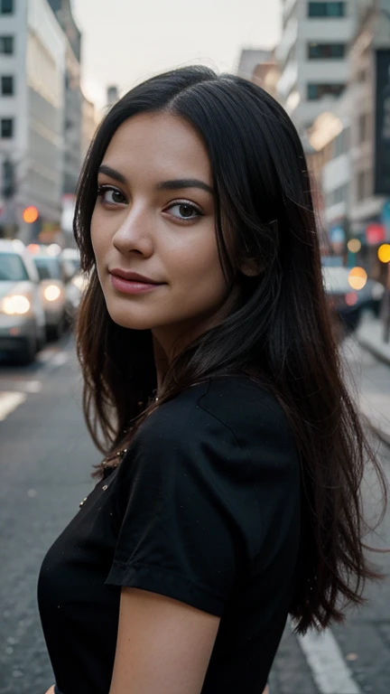 photorealistic highly detailed standing beautiful Scandinavian woman, dreamy face expression, happy, smile, looking at camera, bright long black hair, slender perfect face, slim, elegant long white dress, vivid make-up, epic character composition, [[goth]], sharp focus, evening, global illumination, masterpiece, jewelry, background is unfocused cityscape, photo-realism