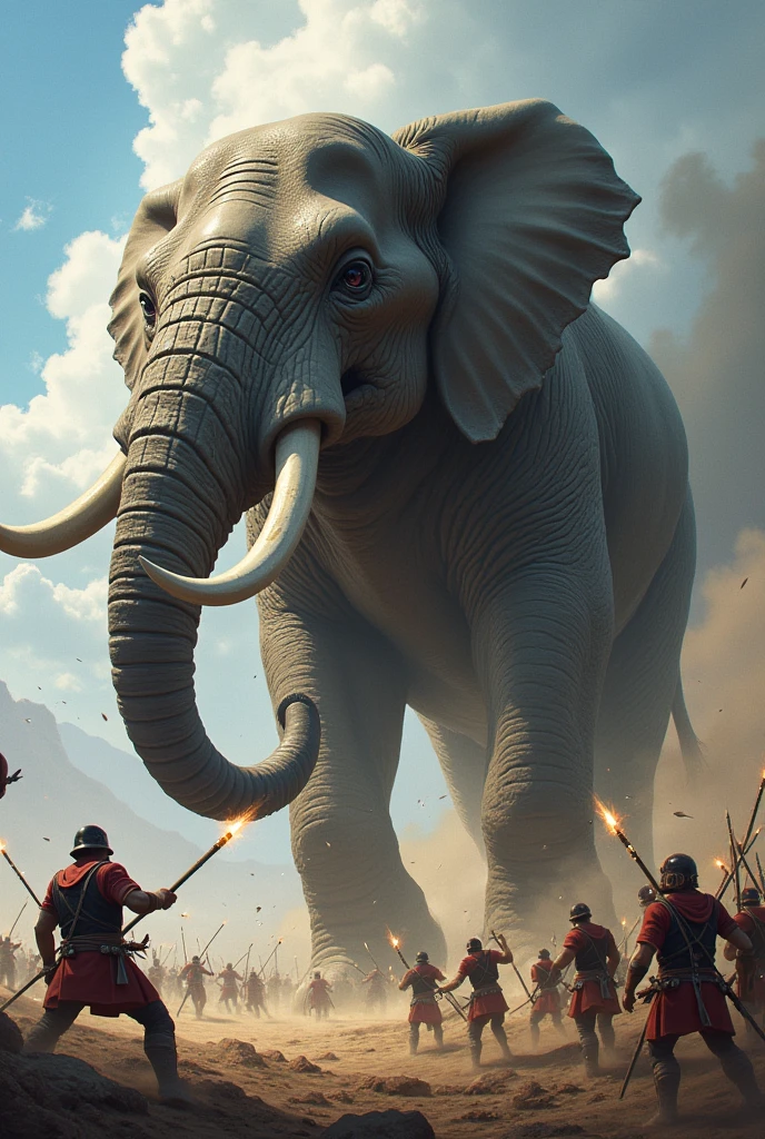 **Final Battle with Titan:**
- A dynamic battle scene where Captain Whiskers, using his speed and agility, clings to the back of the giant elephant Titan, clawing at his ears. Titan is thrashing about in pain, his massive form dominating the scene. In the background, the troops are launching an attack on the giant, with arrows and spears flying through the air.