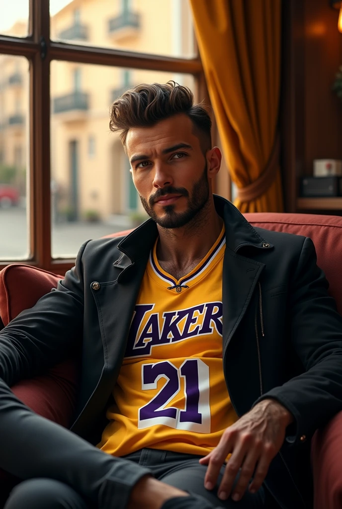 (photorealism:1.2), beautiful man, sitting on chair, wearing lakers jersey, black jacket, hairstyle like David Beckham in 2016, arms without tattoo, outdoors, soft lighting, street of Tbilisi background, window with sunlight, cozy room, relaxed pose, realistic, intricate details, warm colors, by Greg Rutkowski, by Alphonse Mucha.

