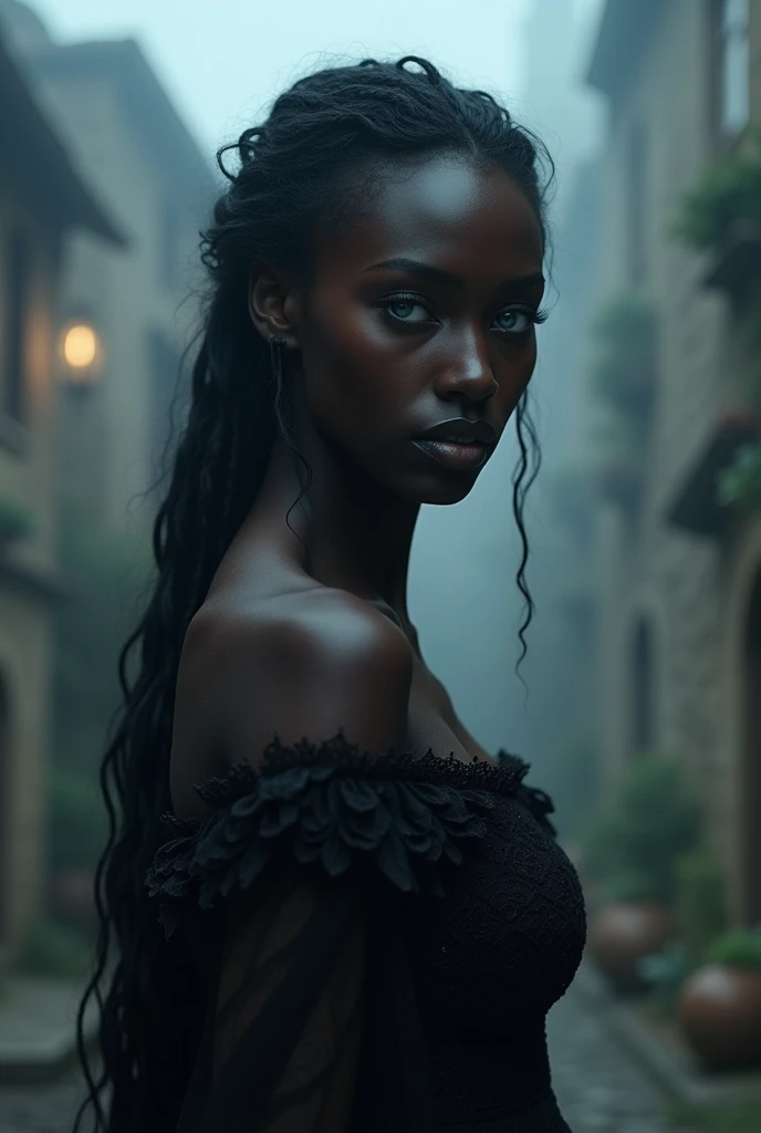 Black woman vampire, France, 10th century, blue eyes, beautiful