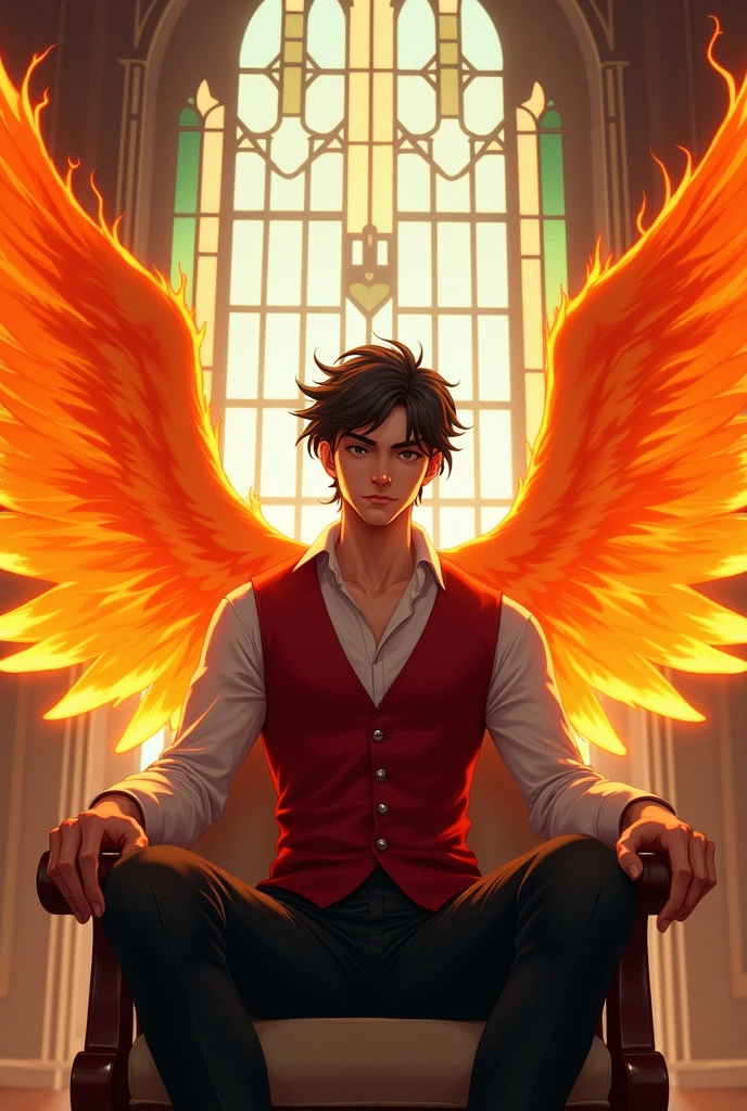 It shows a black-haired young man with red, orange, and yellow wings spreading out from behind. He sat on a chair in a dignified posture. Wear a white shirt and red vest. The backdrop is a stained glass pattern that conveys sacredness and power. This image gives a feeling of power and special power to the characters.