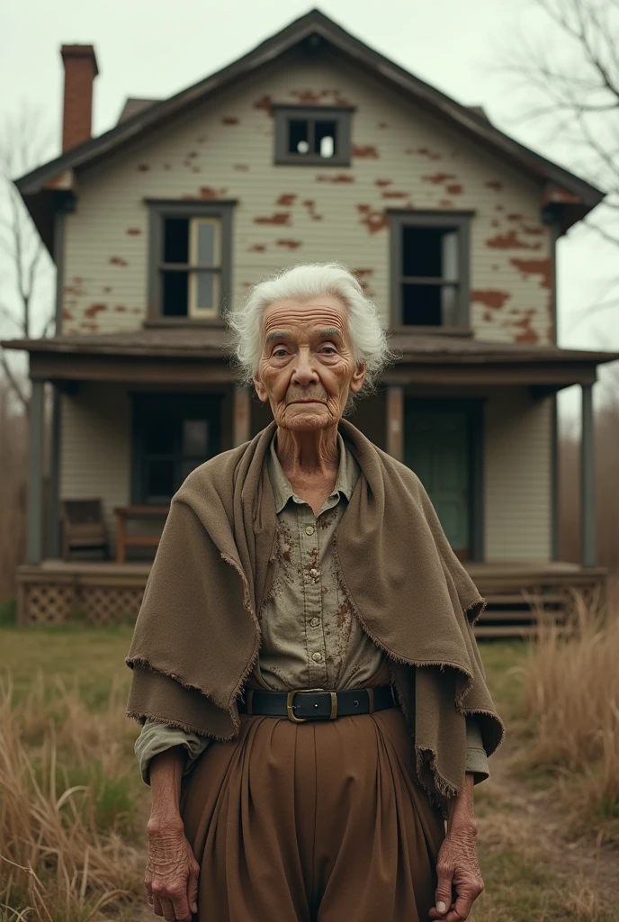 Old woman standing in front of an old house in the 1950s