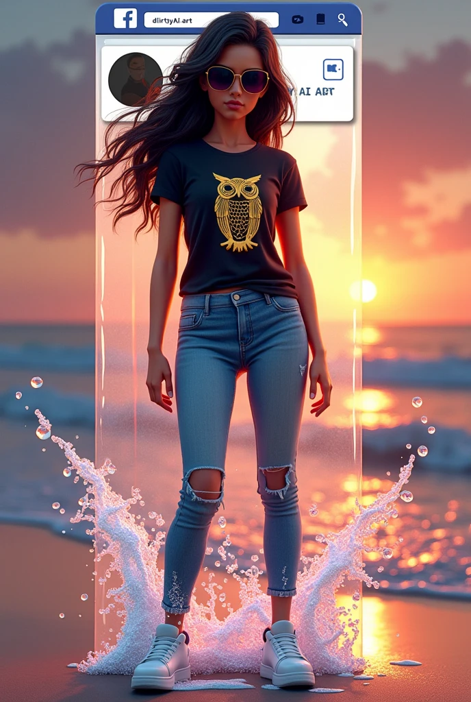 
✨️Create a 3D illustration of a realistic young woman character coming out of social networks Facebook. The character name is Suja AI Art, and wears jeans, Black t-shirt with golden owl appliqué on it, y white sneakers, dark sunglasses, colored water effect. The background is the social media profile page with a username "Dirty AI ART" and his profile picture and the beautiful sunset profile cover on the beach. No