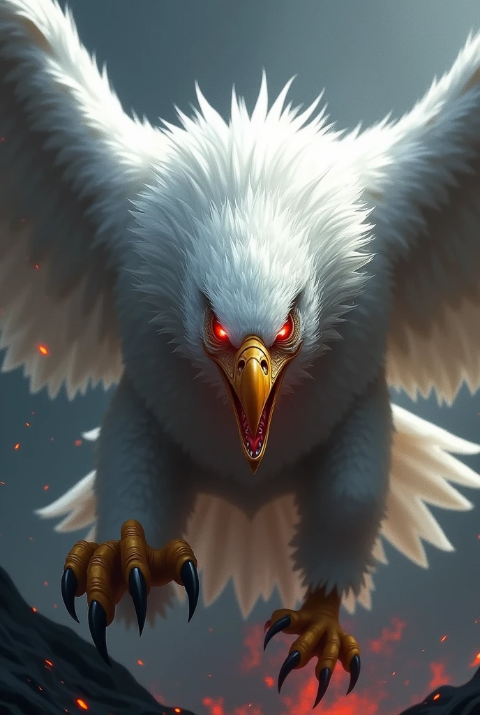 Make me a picture of an angry white eagle, with eyes red with anger, with a deadly look
