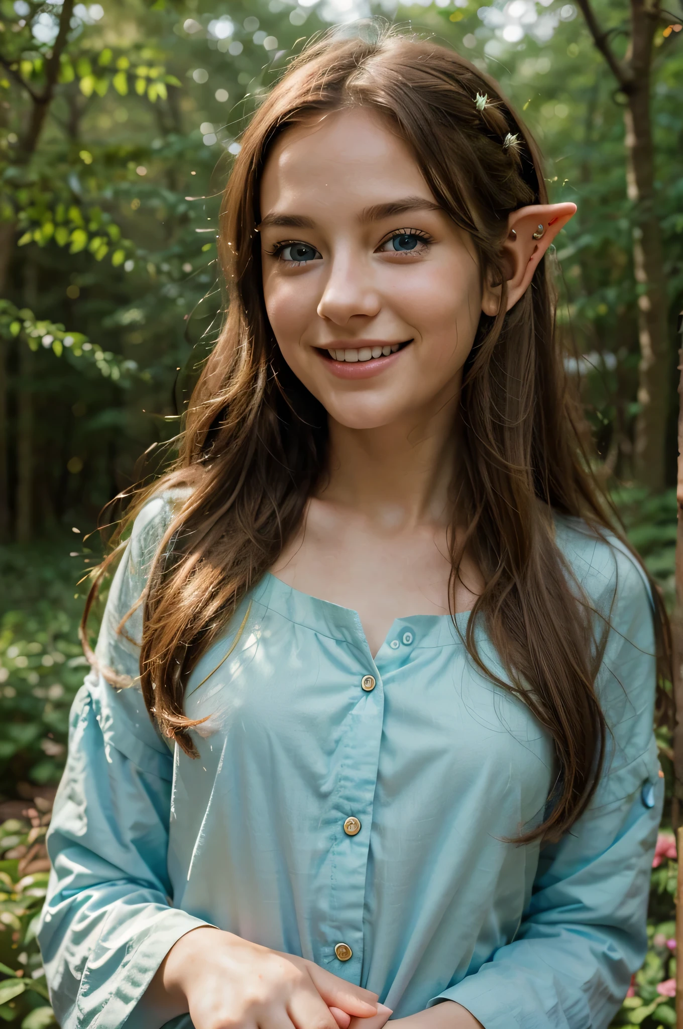 Create a high-quality portrait image of a 16 years joyful half-elf girl. Focus on her expressive face, highlighting her bright blue eyes filled with wonder and her wide, smile that radiates happiness. Her long pointed elf-like ears should be visible, peeking out from beneath her wavy, chestnut brown hair, which is adorned with small, colorful flowers. Capture the delicate details of her features, emphasizing her youthful and playful expression. The background should be softly blurred, suggesting a sunlit woodland glade, with warm light creating a gentle glow around her, enhancing the magical and joyful atmosphere