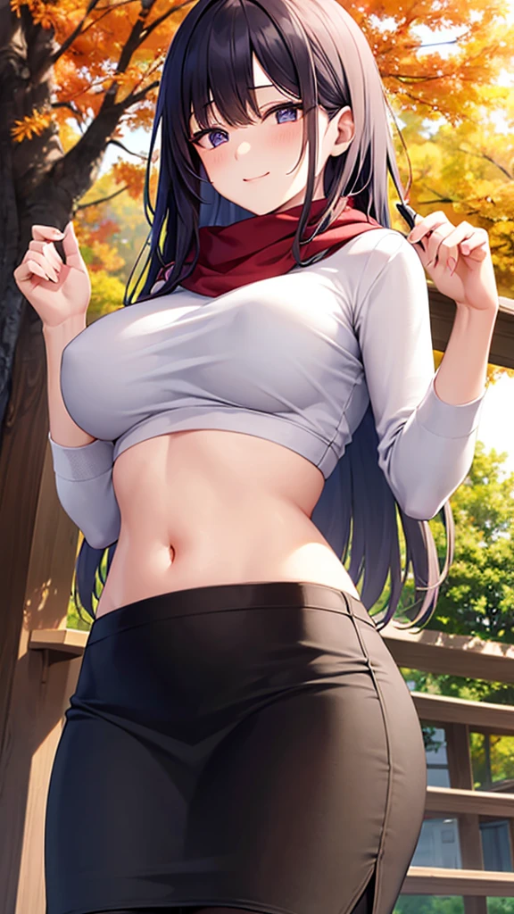 masterpiece, best quality, high detail, beautiful woman, solo focus, long hair, purple hair, large bust, white sweater, black midi pencil skirt, (((long black skirt))), tight pencil skirt, midriff, wide hips, red scarf, boots, looking at viewer, light smile, upper body, view from below, full-face blush, fall background, autumn leaves, tree, park, garden