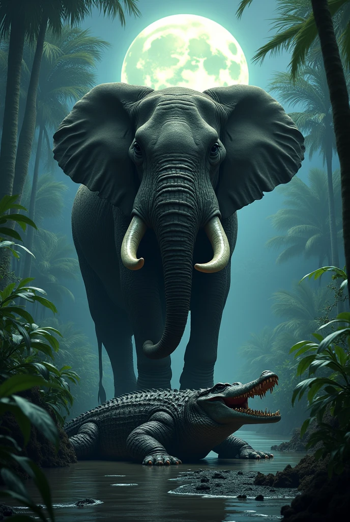 In a moonlit jungle, A crocodile lies dead on the ground in a jungle. An elephant stands with both of its front feet on top of the crocodile.