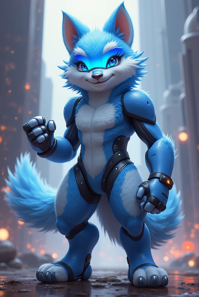 furry (protogen visor azul) smiling in an epic pose
