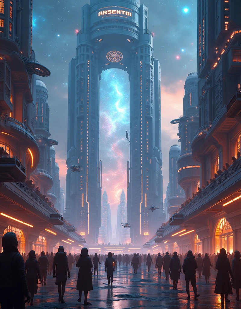 "Generate a 4K, ultra-realistic image of the futuristic city of Nova Aeterna. The cityscape features towering, sleek skyscrapers with glowing neon lines and intricate, otherworldly designs. Flying vehicles hover above the streets, moving between buildings with advanced propulsion systems. The architecture combines elements of cosmic grandeur and ancient influence, with large, arched gateways, floating platforms, and crystalline structures. The sky is a deep cosmic hue with swirling nebulae and distant stars. The city is alive with activity, with diverse inhabitants—humans, extraterrestrials, and sentient machines—moving through the bustling streets. Emphasize the scale, the vibrant colors, and the mix of futuristic and cosmic elements that define this thriving, advanced metropolis."