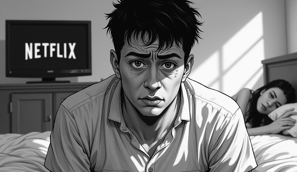 A shocking image of an exhausted young man, wrinkled, perspiring, is in desperation seeking success, looking straight ahead, expression frustrated by seeking success and not achieving it, in the background a television with the Netflix logo and a bed with a prostitute lying down, symbolizing the distractions that prevent you from achieving success, Realistic black and white illustration