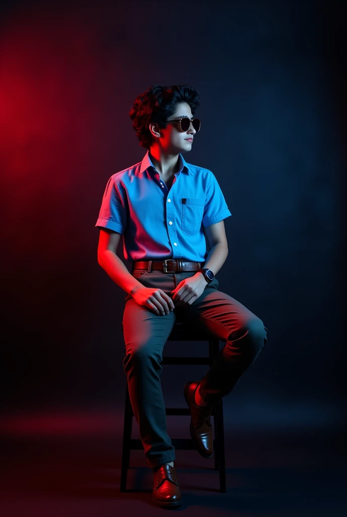 A  tan boy with and black wave hair and wearing a sunglass, sky blue short sleeve shirt tucked with dark brown belt with white long trousers , old watch, dark brown  loafers and sitting on black stool and black background  around red and blue light on it the boy turning right side and seeing right side 