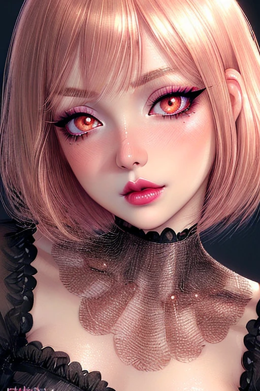 1 girl, close up shot, detailed face, cute face, peach skin tone, smooth skin, blush red cheeks and face, light smirk, bob cut hair, attractive makeup, heavy makeup, long eyelashes, long eyeliner, excessive eye makeup, black smokey eyeshadow, heavy eyeshadow, glossy baby pink lipstick, glossy lips, heavy makeup, soft light